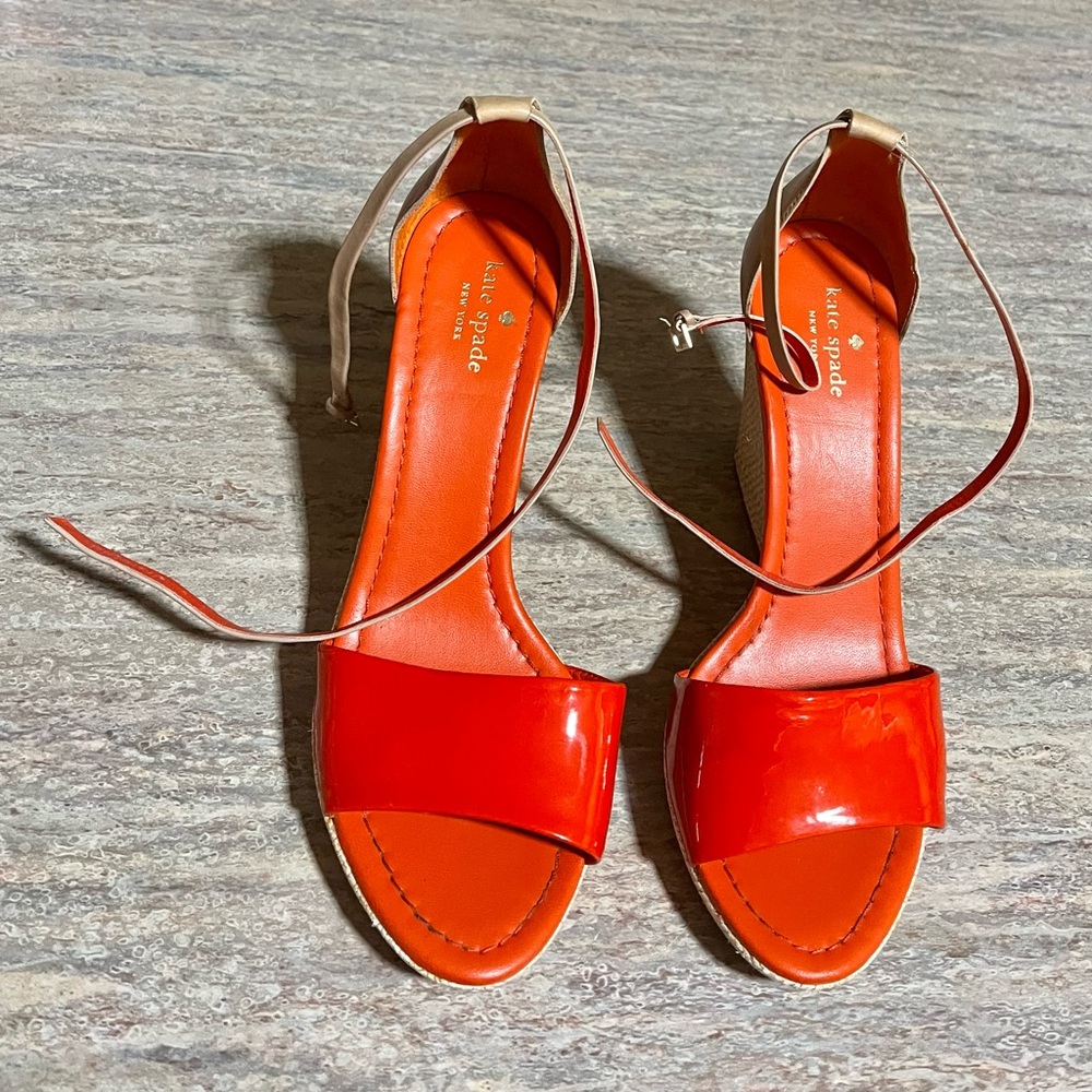 Kate Spade ♠️ Glossy Orange and Tan Open Toes Women's Heels Sandals